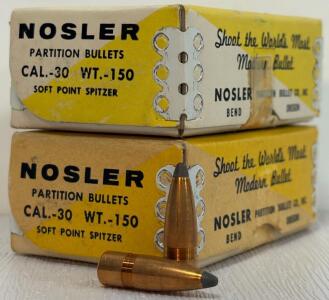 (2) Boxes Vintage Nosler Partition .30 Cal 150gr Soft Point Spitzer Bullets, 50ct Box, Bend Oregon