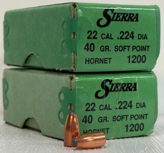 (2) Boxes Sierra .22 Caliber (.224) 40gr Soft Point Hornet Bullets, 100-count Boxes, #1200