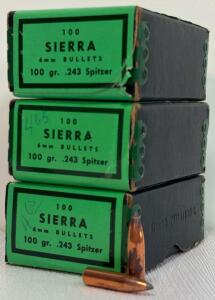 Sierra 6mm .243 100 Grain Spitzer Bullets, 3 Boxes (300 Count), Copper Jacket, Vintage