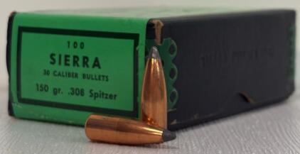 Sierra .308" 150gr Spitzer Bullets, 100ct, Soft Point, #2020, Boxed, Reloading Projectiles