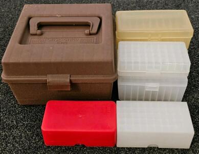MTM CASE-GARD R100 Ammunition Storage Case with Two 50-Round Internal Boxes, 4 Plastic 50-Round Ammo Boxes &ndash; X-PLOR, CUVE, Jerter&rsquo;s, Clear & Red, Stackable (#12)