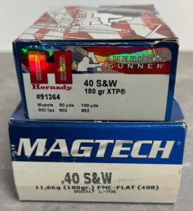 Hornady & Magtech .40 S&W 180gr Ammo, XTP Hollow Point & FMC Flat, 75 Rounds, 2 Boxes