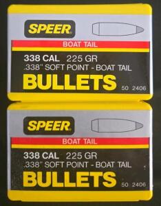 (2) Boxes Speer 338 Cal 225 Grain Soft Point Boat Tail Bullets, Model 2406, 50 Count Box