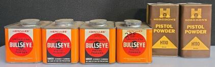 Vintage Hercules Bullseye & Hodgdon H110 Smokeless Pistol Powder Cans, USA, 11oz & 16oz