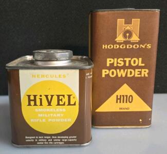 Hercules HiVEL Rifle Powder 1lb Tin & Hodgdon H110 Pistol Powder 1lb Vintage Metal Containers