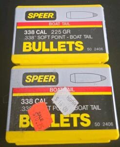 (2) Boxes Speer .338 Cal 225gr Soft Point Boat Tail Bullets, 100 Count, Item #2406