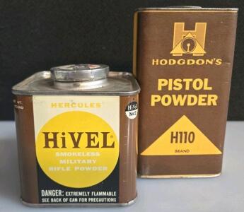 Vintage Hercules HiVel No. 2 and Hodgdon H110 Smokeless Powder Cans, 1 lb Each