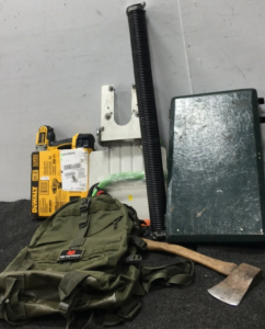 Propane Stove, Fox Tactical Backpack, Hatchet, Drill, Boat Troller