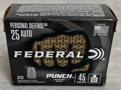 Federal .25 Auto Punch 45 Grain Jacketed Solid, 20 Rounds, Personal Defense Ammunition