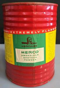 Vintage Hercules Herco Smokeless Shotgun Powder Canister, 4 lbs, Mid-20th Century
