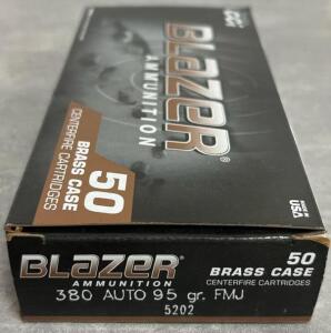 Blazer 380 Auto 95gr FMJ Brass Case Ammo, 48 Rounds, Opened Box, CCI SKU 5202, USA