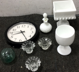 (3) Glass Flower Cups, (1) Glass Corkable Small Glass, Clock