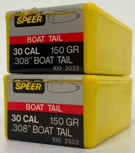 (2) Boxes Speer .30 Cal 150gr Boat Tail Spitzer Bullets, Partial Boxes, 2022 Manufacture