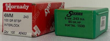 Hornady 6mm 100gr BTSP InterLock #2453 & Sierra 6mm 85gr HPBT #1530 Bullets, 6mm/.243 Dia, 100ct