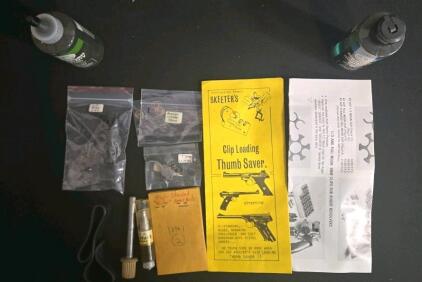 Mixed Gunsmithing Lot: Beeman Lubricants, High-Standard Victor Trigger, Tools, Skeeter's Thumb Saver
