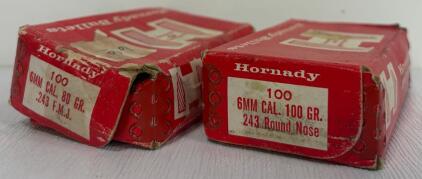 (2) Boxes Hornady 6mm (.243) 80gr FMJ & 100gr Round Nose Rifle Bullets &ndash; Partial Boxes, OEM Box