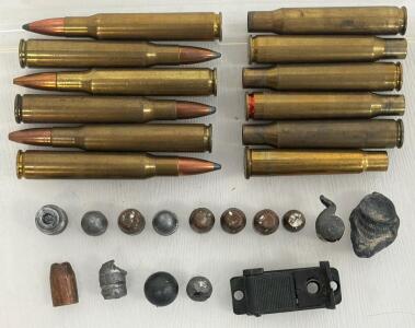 .30-06 Springfield Centerfire Rifle Ammo, 6 Live Rounds, 6 Spent Casings, 14 Projectiles