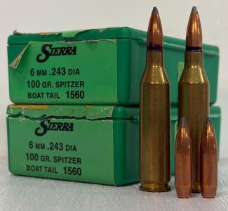Sierra 6mm .243 Dia 100gr Spitzer Boat Tail Bullets Model 1560 with Loaded Handloads