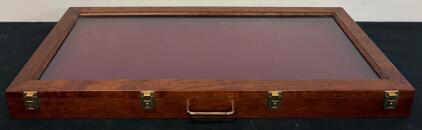 Large Wooden Display Case with Glass Top, Red Felt Interior, and Brass Hardware