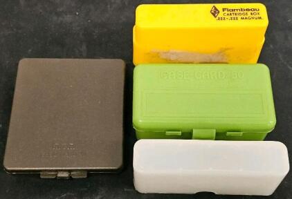 Set of 4 MTM & Flambeau Plastic Cartridge Boxes &ndash; 50rd .38/.357, 18rd .45ACP, 20rd .222/.222 Mag (#12)