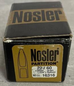 Nosler Partition .22 Cal (.224") 60 Grain Spitzer Bullets, 50 CT, Lot 16316