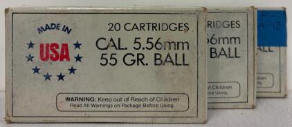 (3) Boxes 5.56mm 55gr FMJ Ball Rifle Ammunition, 20-Round Factory Boxes (52 Rounds Total), USA, Vintage Surplus