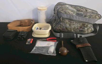 Black Powder Muzzleloader Accessory Lot &ndash; CCI #11 & Musket Caps, Leather Holsters, Range Bag