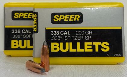 (2) Boxes Speer .338 Cal 200gr Spitzer SP Bullets #2405 &ndash; 50 Count, Copper Jacketed Lead Core