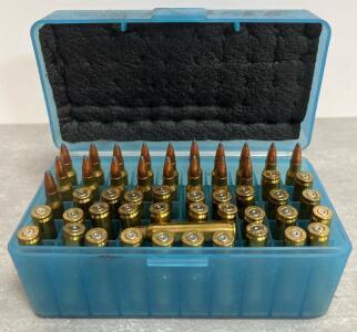 .223 Remington Reloaded Rifle Ammunition, 50 Rounds, FMJ, Brass, MTM R-50 Box