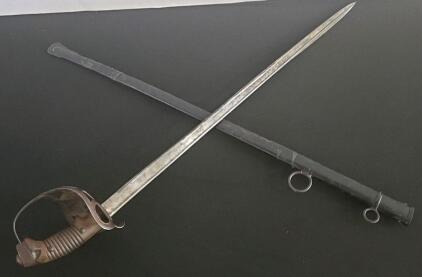 19th Century Military Cavalry Saber, Steel Scabbard, Ribbed Grip, Three-Bar Hilt, 34" Blade
