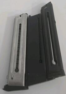 Three .22 LR Pistol Magazines, Steel, 10 Round, Black & Silver, Thumb Assist, Witness Holes