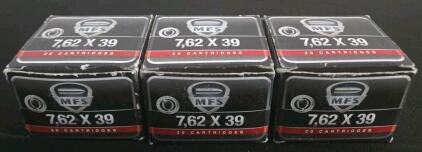 (3) Boxes MFS 7.62x39mm FMJ Ammo, Brass Case, 123gr, (60 Rounds), UPC 400288327101, Hungary