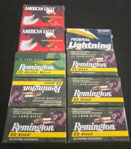 .22 LR Rimfire Ammo Lot: Remington Viper, Golden Bullet, Federal Lightning, American Eagle, 530 Rounds, 9 Boxes