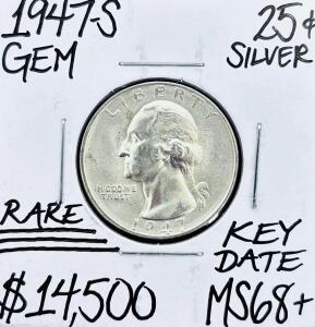 1947-S Washington Quarter, 90% Silver, Mint State (MS68+), San Francisco, 5.53M Minted