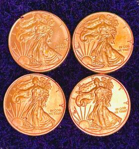 1 oz .999 Fine Copper Walking Liberty Rounds, Set of Four, Private Mint, Bright Uncirculated