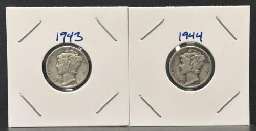 1943-D & 1944 Mercury Dimes, 90% Silver, Circulated, Winged Liberty Head, 2-Coin Lot