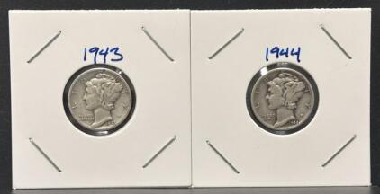 1943-D & 1944 Mercury Dimes, 90% Silver, Circulated, Winged Liberty Head, 2-Coin Lot