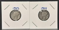 1943-D & 1944 Mercury Dimes, 90% Silver, Circulated, Winged Liberty Head, 2-Coin Lot