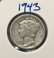1943-D & 1944 Mercury Dimes, 90% Silver, Circulated, Winged Liberty Head, 2-Coin Lot - 2