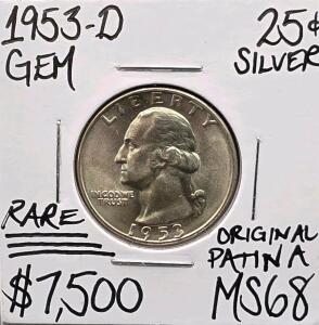 1953-D MS68 RARE Original Patina Gem Silver .25C