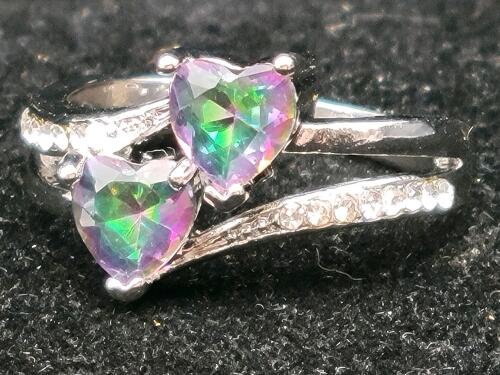 Mystic Rainow Topaz Double Heart Ring, Size 8