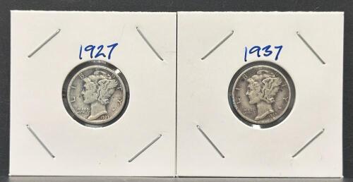 1927 & 1937 Mercury Dimes - 90% Silver, Denver & Philadelphia, Circulated Condition
