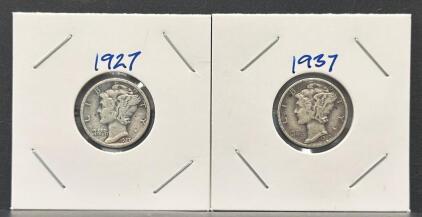 1927 & 1937 Mercury Dimes - 90% Silver, Denver & Philadelphia, Circulated Condition