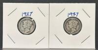 1927 & 1937 Mercury Dimes - 90% Silver, Denver & Philadelphia, Circulated Condition