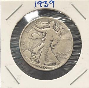 1939 Walking Liberty Half Dollar, 90% Silver, Philadelphia, Circulated, Weinman Design
