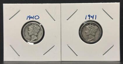 1940 & 1941 Mercury Dimes 90% Silver, Circulated, US 10&cent; Coins, Weinman Design