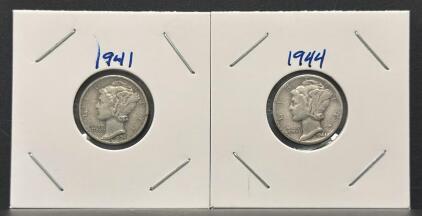 1941-D & 1944 Mercury Silver Dimes &ndash; 90% Silver, Circulated &ndash; 17.9mm, Weinman Design