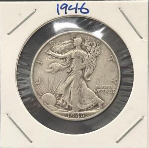 1946-S Walking Liberty Half Dollar 90% Silver Coin, San Francisco Mint, Circulated, 30.6mm Diameter