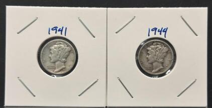 1941 & 1944 Mercury Dimes - 90% Silver, Philadelphia Mint, Circulated, Set of 2 Coins