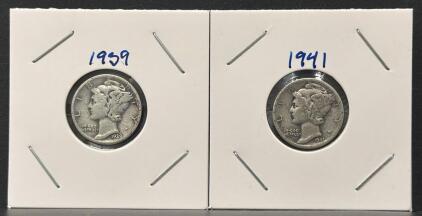1939 & 1941 Mercury Dimes, 90% Silver, Adolph Weinman Design, Circulated U.S. Coins